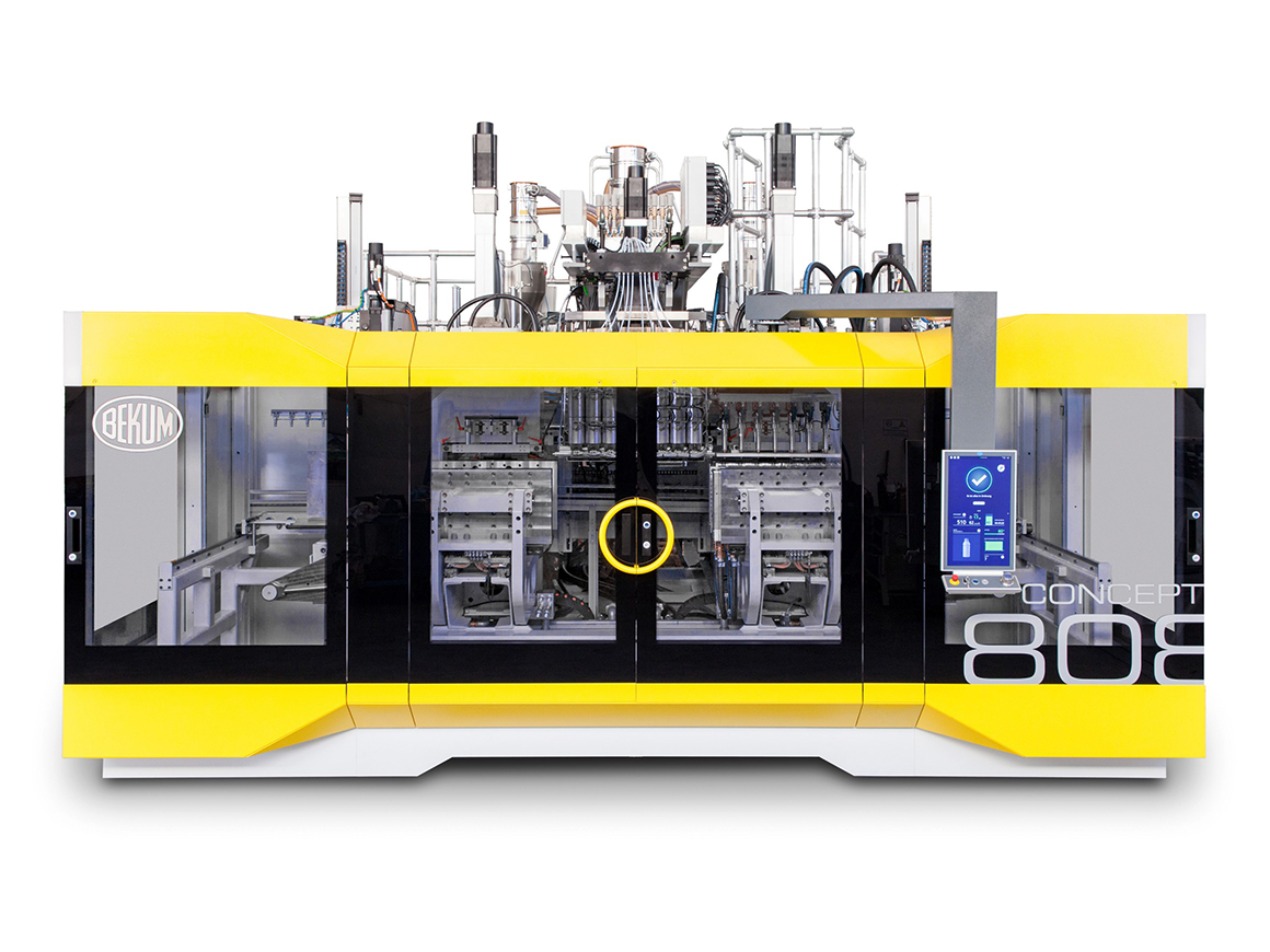 Concept 808 extrusion blow molding machine from Bekum: The modern machine design is supplemented by a custom multi-touch Control Panel from Beckhoff in 16:9 format with portrait orientation.