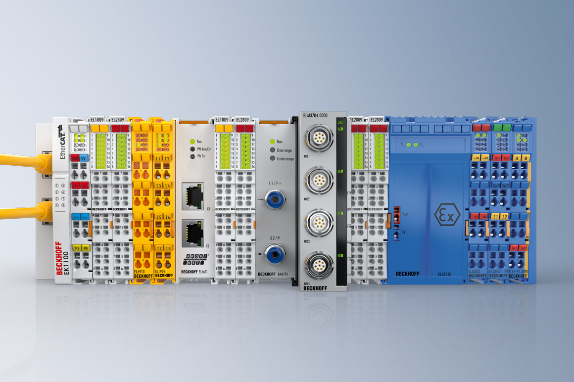 EtherCAT Terminals for measurement tasks, functional safety, and explosion protection can be freely combined and integrated into a holistic control system.