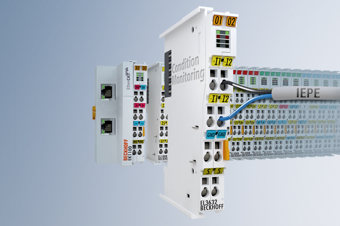 Die EL3632 ermöglicht den direkten Anschluss verschiedener Beschleunigungssensoren über eine Integrated Electronics Piezo-Electric (IEPE) und übernimmt die hochgenaue Schwingungsmessung.