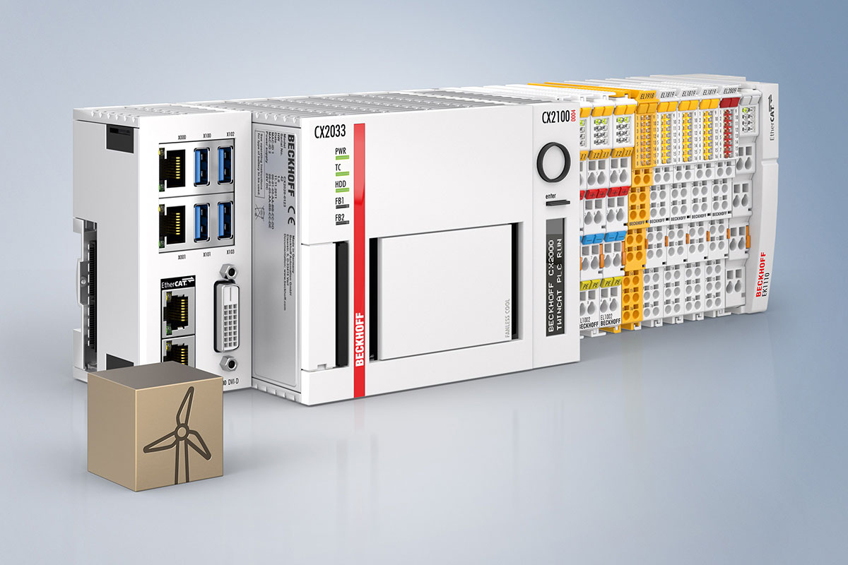 A Beckhoff Embedded PC with line-connected I/O modules, EtherCAT as the universal communication system and TwinCAT automation software functions as the central control platform for wind turbines.