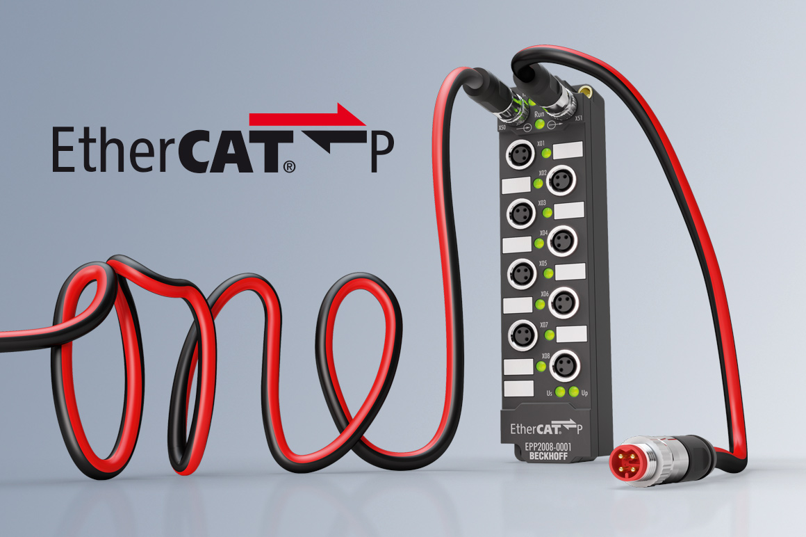 Mit der Übertragung von EtherCAT-Kommunikation und Versorgungsspannung (2 x 24 V) auf einem Standard-Cat.5-Kabel setzt die Erweiterung EtherCAT P im Jahr 2016 einen weiteren Meilenstein. Dieses Konzept wird zur Basis für schaltschranklose Maschinen.
