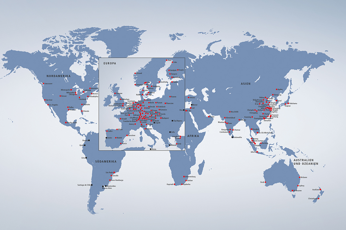 Durch unsere Präsenz in über 75 Ländern erhalten global aktive Kunden weltweit schnellen Service und technischen Support in der jeweiligen Landessprache.