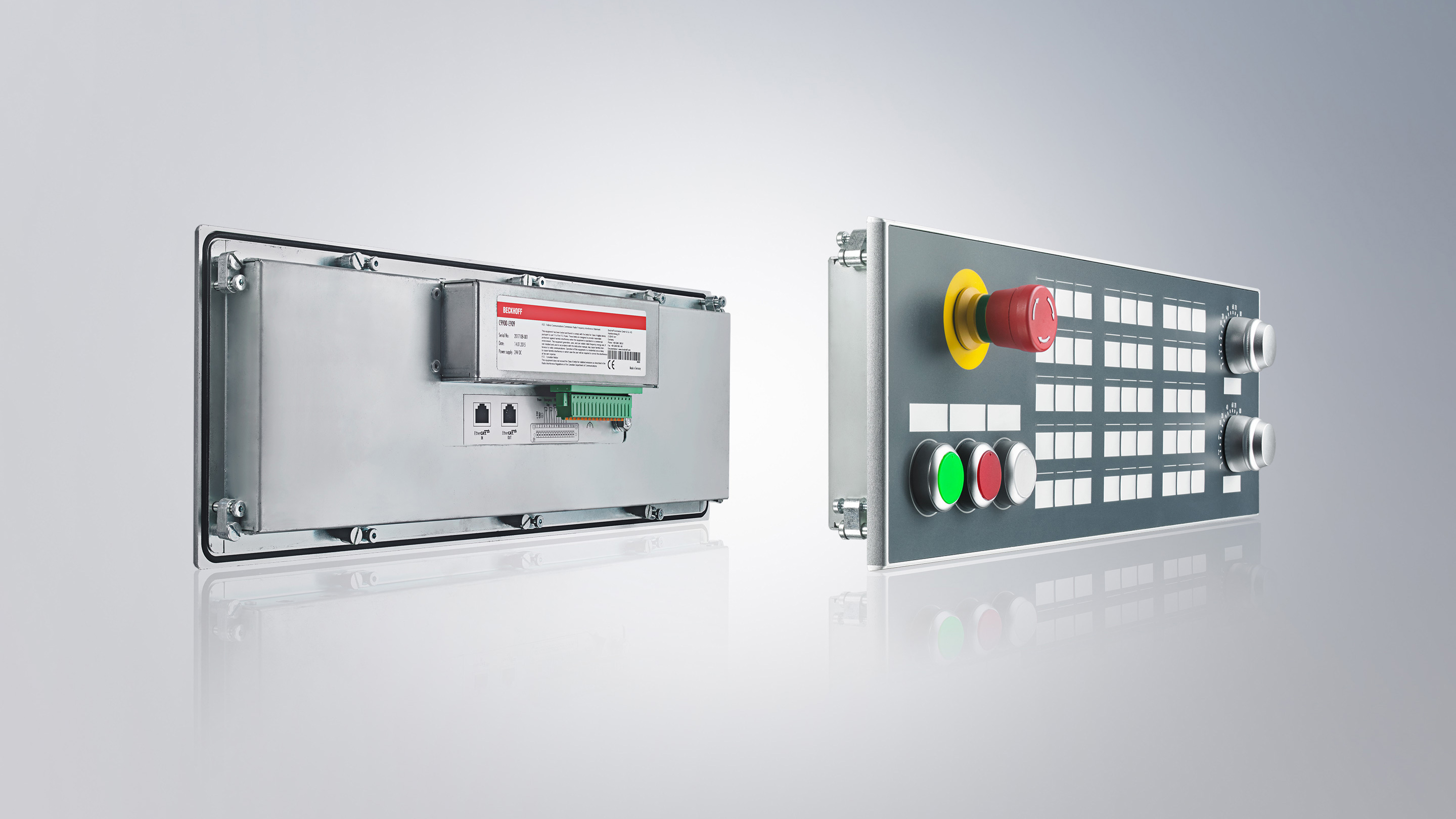 C9900-E909: 51-part built-in push button module with IP65 front design, emergency stop button and special CNC design with EtherCAT connection
