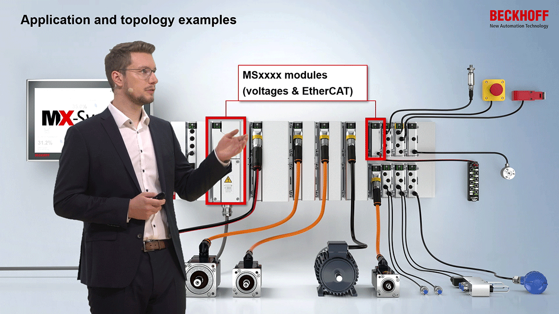 Marvin Düsterhus, product manager, presents application and topology examples of the MX-System.