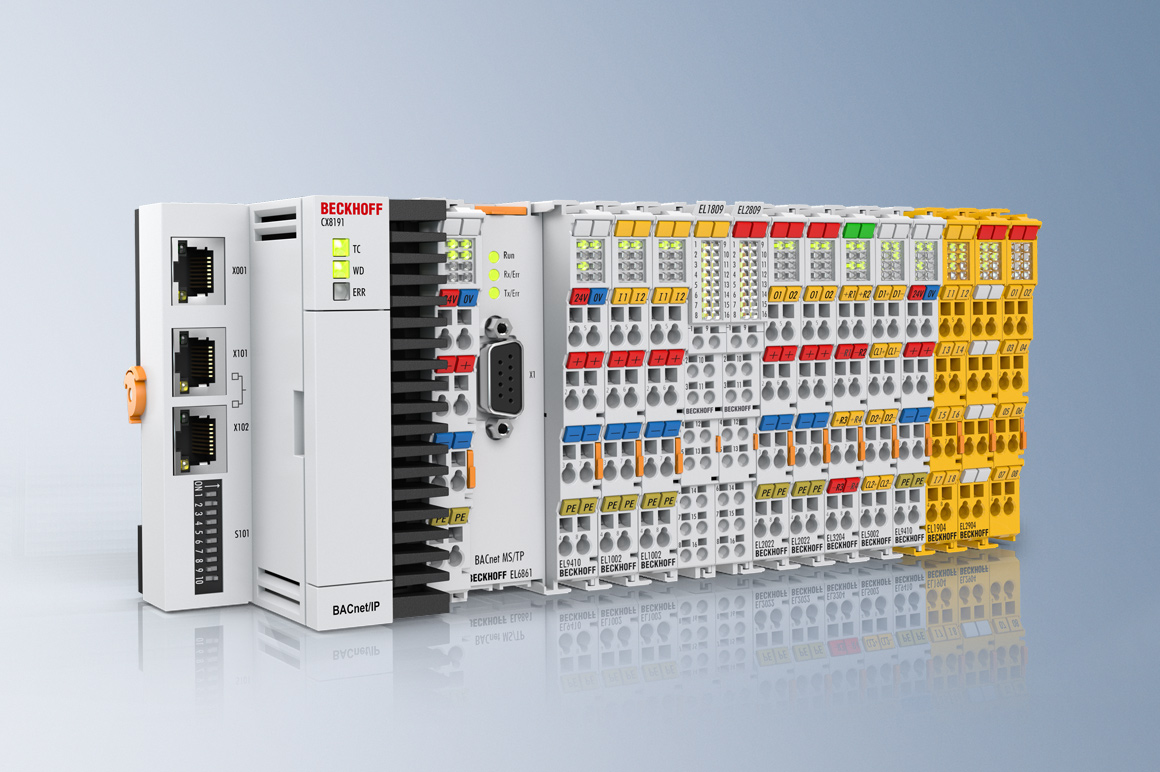 In TwinCAT BACnet, Beckhoff offers a complete product line that is characterized by its high scalability: From the compact ARM-based CX8191 controller, which supports up to 750 BACnet objects, to Panel PCs in various screen sizes to the CX51xx or the Industrial PCs from the C60xx series, on which several thousand BACnet objects can be collected and processed centrally, the devices can be used without restriction as BACnet Building Controllers (B-BC). With the EL6861 terminal, devices can be easily and securely connected via BACnet MS/TP (master-slave/token passing) and integrated into the BACnet network. 