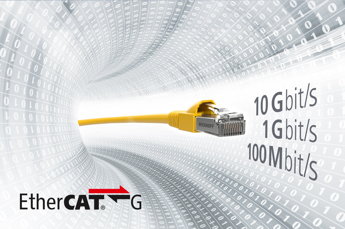 EtherCAT G ist die Fortführung des EtherCAT-Erfolgsprinzips in nun technologisch verfügbaren Geschwindigkeiten mit 1 GBit/s und 10 GBit/s. Das EtherCAT-Protokoll selbst bleibt dabei unverändert.