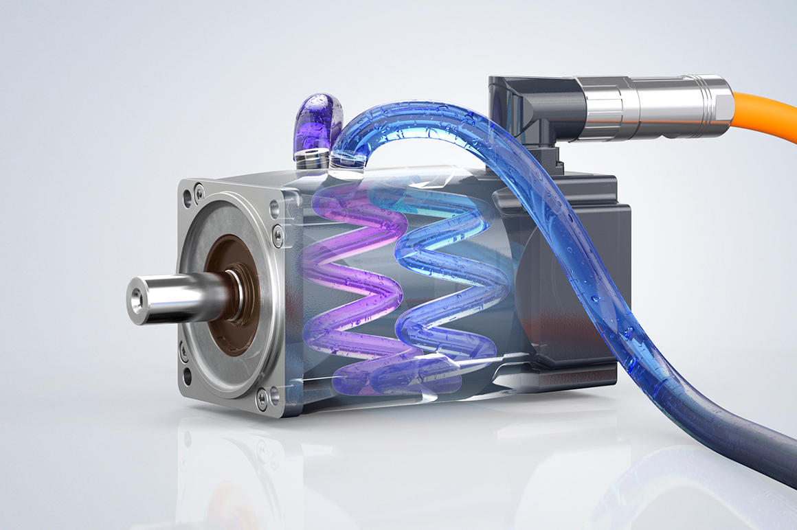 The AM8300 servomotors offer extremely high power density thanks to their efficient, integrated water cooling.