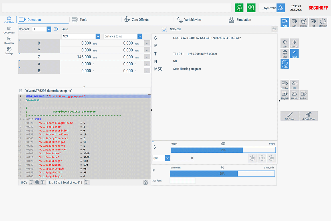 CNC-specific controls such as the G-Code view and the axis and channel display are immediately available in the default view.