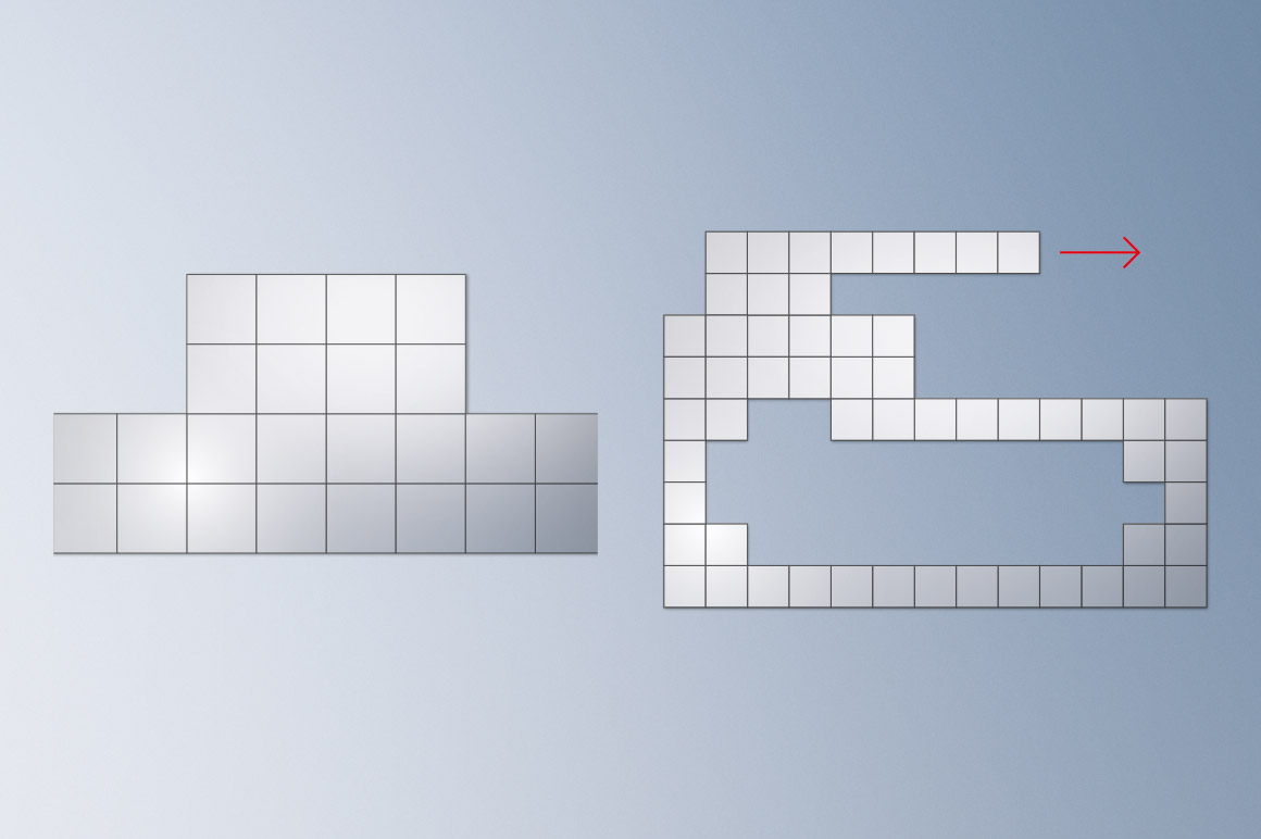 Planar tiles in 24 x 24 cm format can be used to implement any geometries as required by the respective application. By simply joining the modules together, the size and shape of the surface can be freely scaled and configured: oblong, square, rectangular, L-shaped or ring-shaped. The number of movers can also be freely selected, so there are hardly any limitations in the application. 
