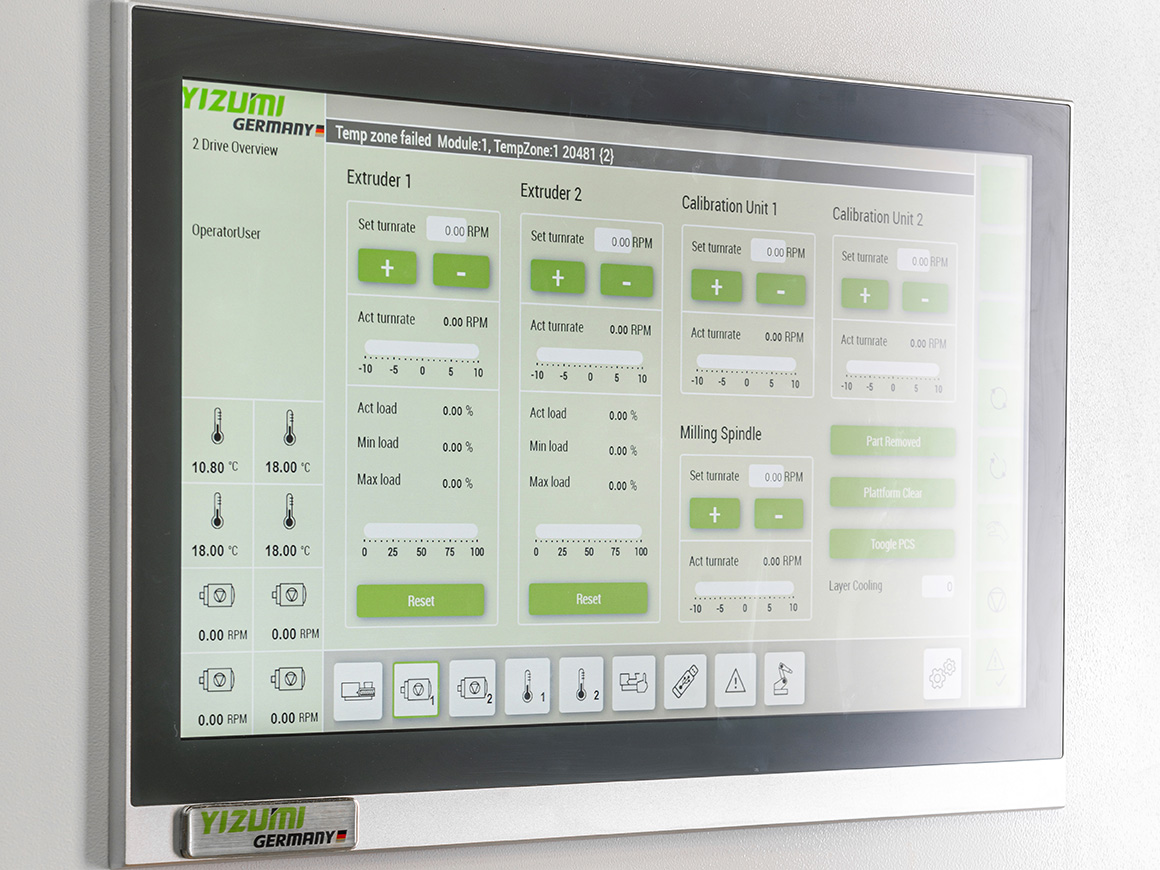 High-quality user interface of the Space A additive production plant for Yizumi Germany. 