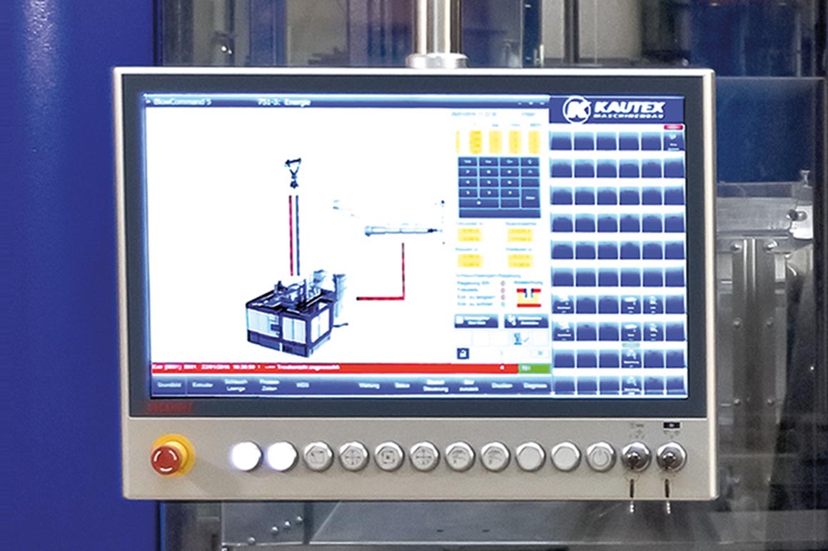 The customer-specific operating unit of the all-electric extrusion blow molding machine from Kautex Maschinenbau underlines the machine design and increases ergonomics during operation. 