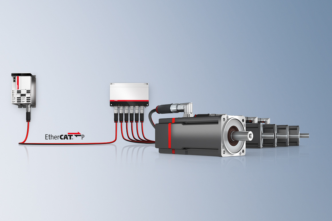 With the help of EtherCAT P, for example, the distributed AMP servo drive system is supplied with power and data via a single cable and mounting space is thus saved in the control cabinet. 