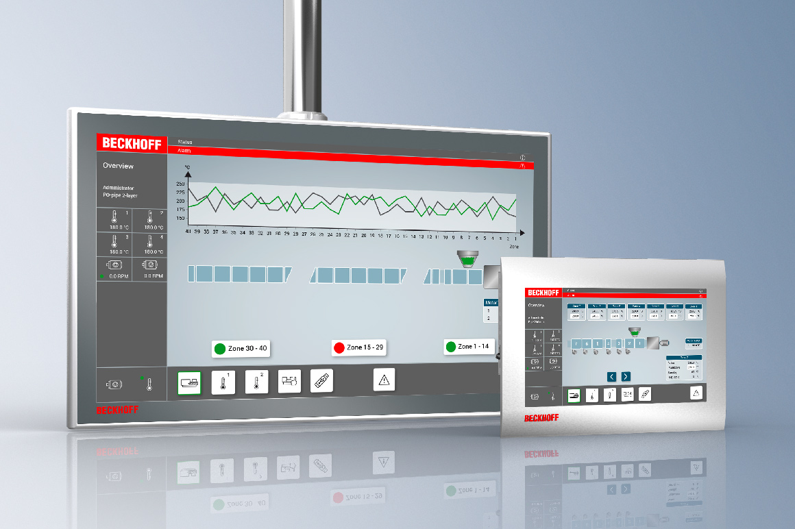 Depending on the system execution and size, Beckhoff offers Control Panels in different form factors and, if required, in a customer-specific execution. An innovative and sustainable tool for creating user interfaces for extrusion machines is available to the user in TwinCAT HMI. In addition to the display on the machine panel, the HTML5-based architecture also enables the presentation of machine data on mobile devices.