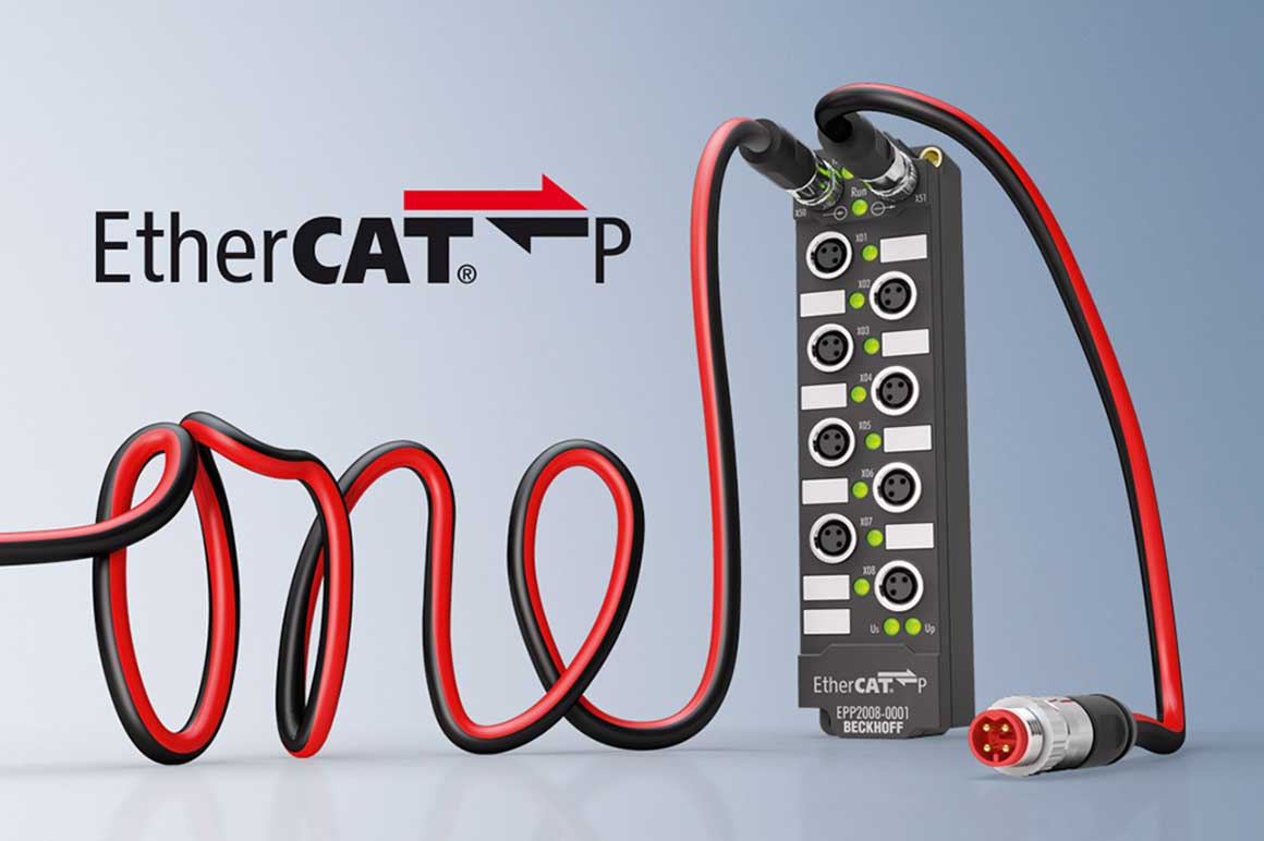 EtherCAT P vereinfacht die Systemverkabelung im Maschinenbau, da Komponenten, Klemmenkästen und Maschinenmodule nur noch über ein Kabel verbunden werden müssen. 