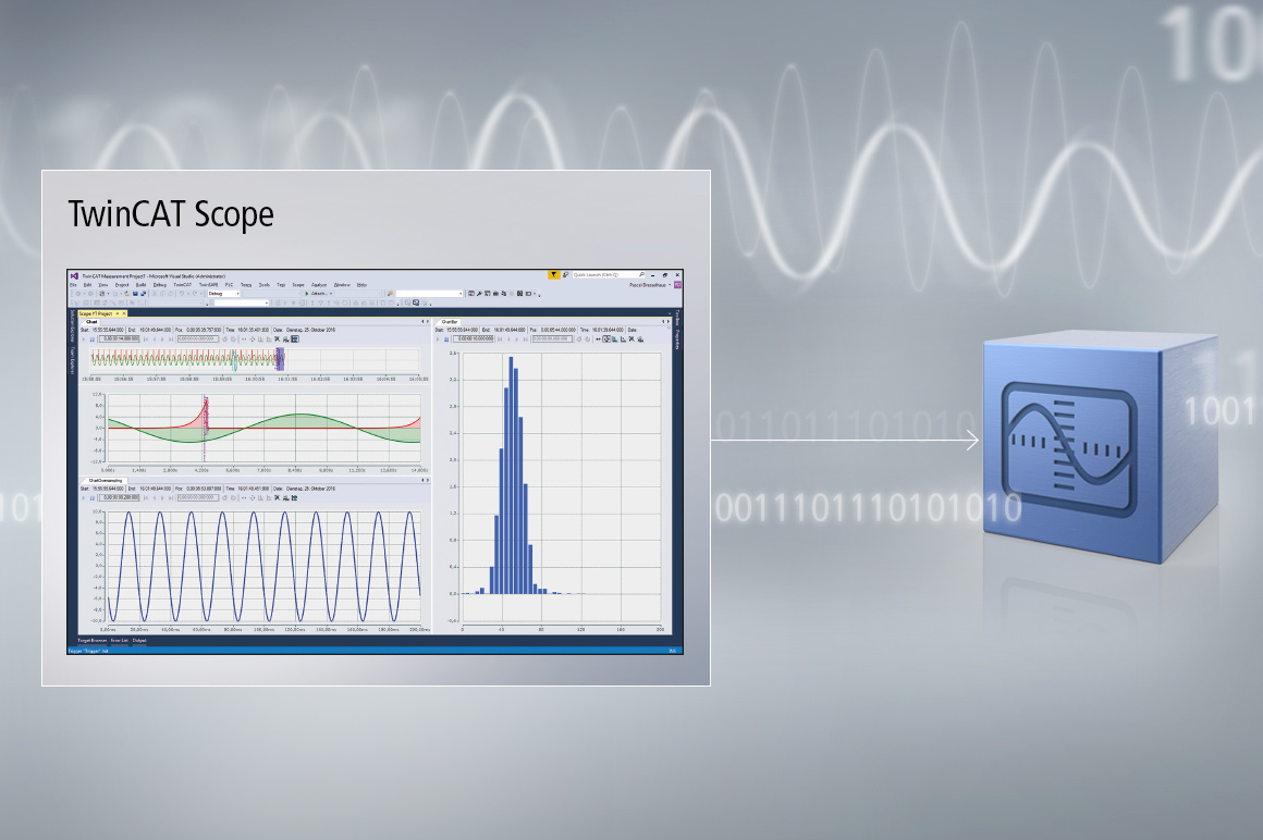 The TwinCAT Scope is a state-of-the-art charting tool for the graphic display of signals from the TwinCAT system. It impresses with the complete recording of high-resolution data and a very high-performance graphic display of line or bar charts. Significant events can be marked and easily found in the overview chart. 