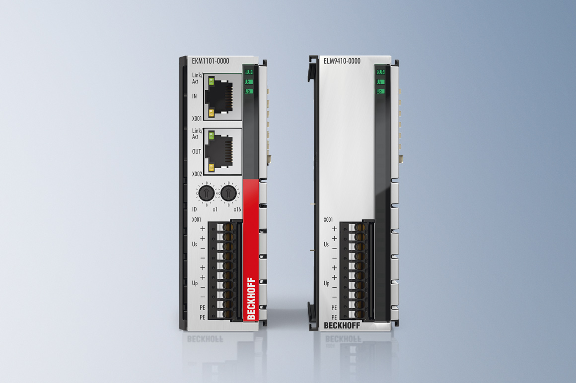 Der EtherCAT-Koppler EKM1101 (links) verbindet die EtherCAT-Messtechnikmodule ELMxxxx mit EtherCAT. Die Netzteilklemme ELM9410 (rechts) dient zur Erhöhung des E-Bus-Stroms.  