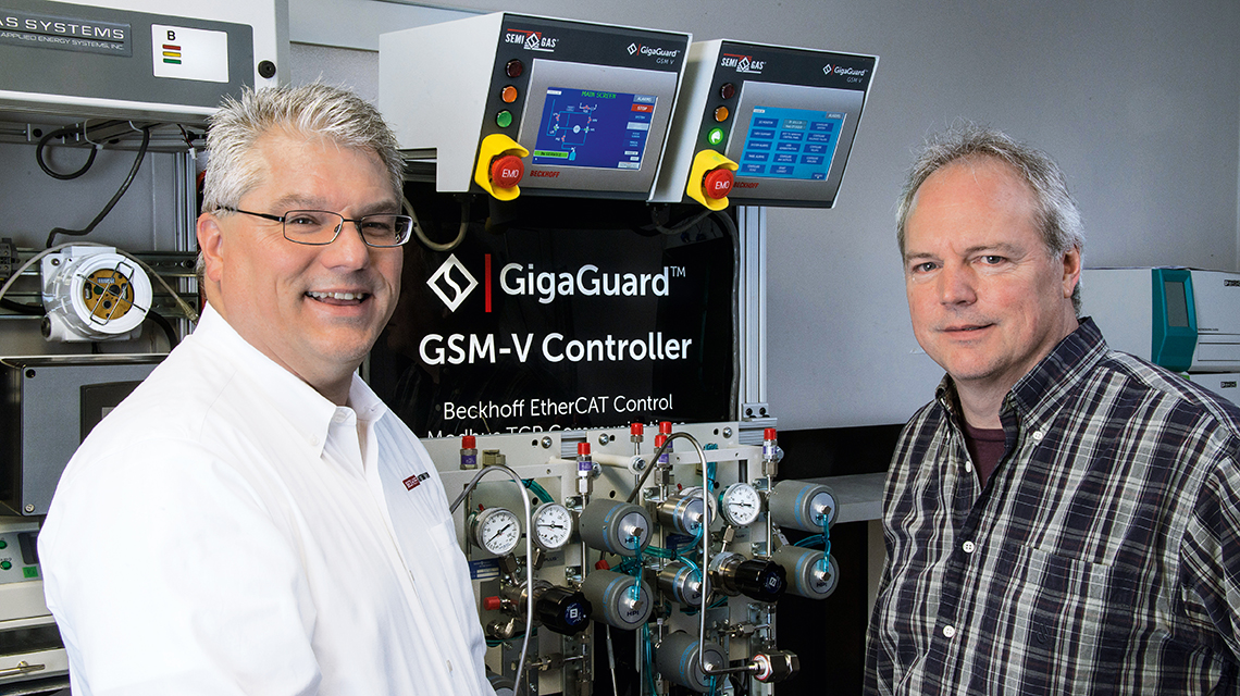 Upgrading the GSM-V with a CP6606 Panel PC and EtherCAT plug-in modules from the EJ series resulted from close collaboration between David Stetz, chief engineer of research and development controls technology at Applied Energy Systems (right) and Tim Beckel, regional sales engineer for Beckhoff USA (left). 