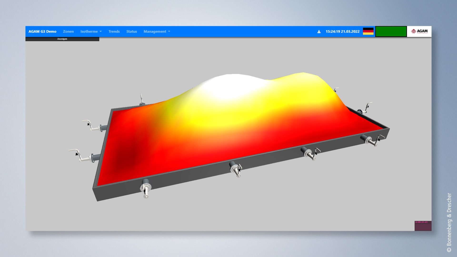 3D representation of the temperature curve in the furnace of a power plant 
