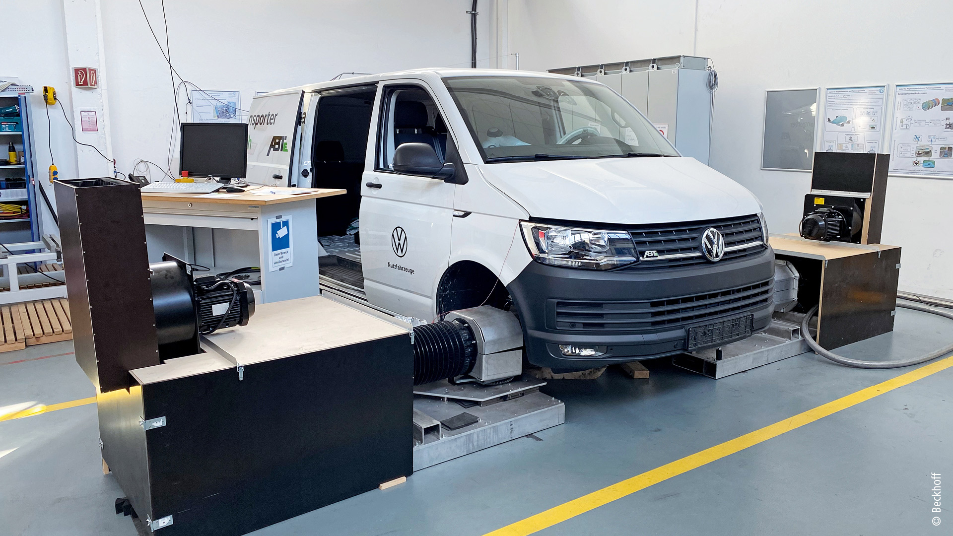 Test bench at HS Kempten with a VW van converted to electric drive by ABT 