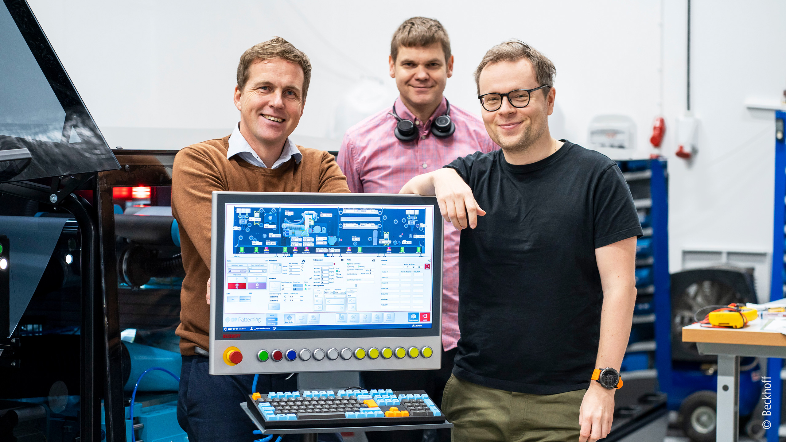 The engineers, including CEO Staffan Nordlinder (left) and software engineer Jakob Sagatowski (right), worked very closely with Marcus Aldrin (center), motion product specialist at Beckhoff Sweden, during the development of the automation technology for DPP technology.