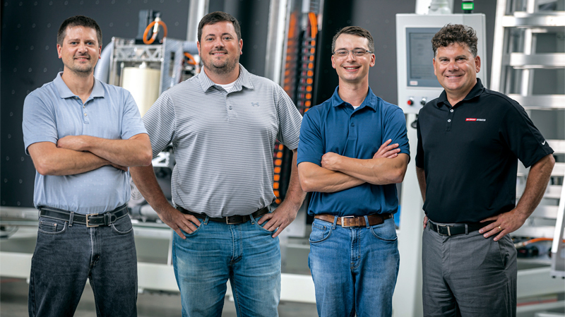 When designing the window film application system, engineers at PDS IG, including (from left) Automation Controls Engineer Steve Polkinghorne and Mechanical Engineer Michael Kayartz worked very closely with Beckhoff Applications Engineer Matt Lecheler and Area Sales Manager Don Seichter. 