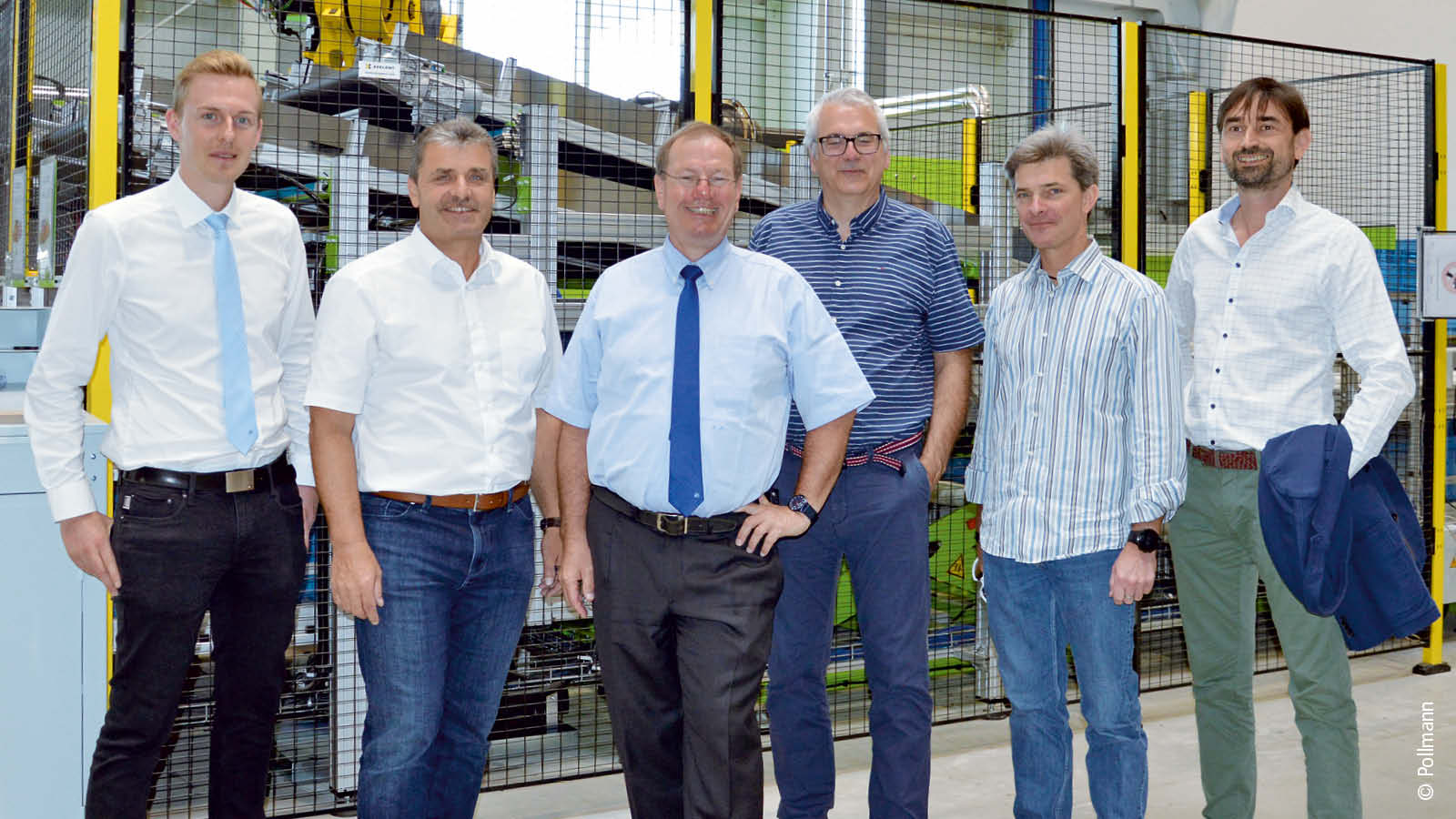 Delighted with the successful integration of mechanical and industrial engineering (from left to right): Rainer Hobiger (Head of Facility Management, Pollmann), Manfred Jäger (Head of Vitis Plant, Pollmann), Robert Pollmann (Managing Partner, Pollmann International), Thomas Führer (Head of Building Automation, Stiwa), Christian Pillwein (Industry Manager Building Automation, Beckhoff Austria), and Harald Setka (Architect, Peneder). 