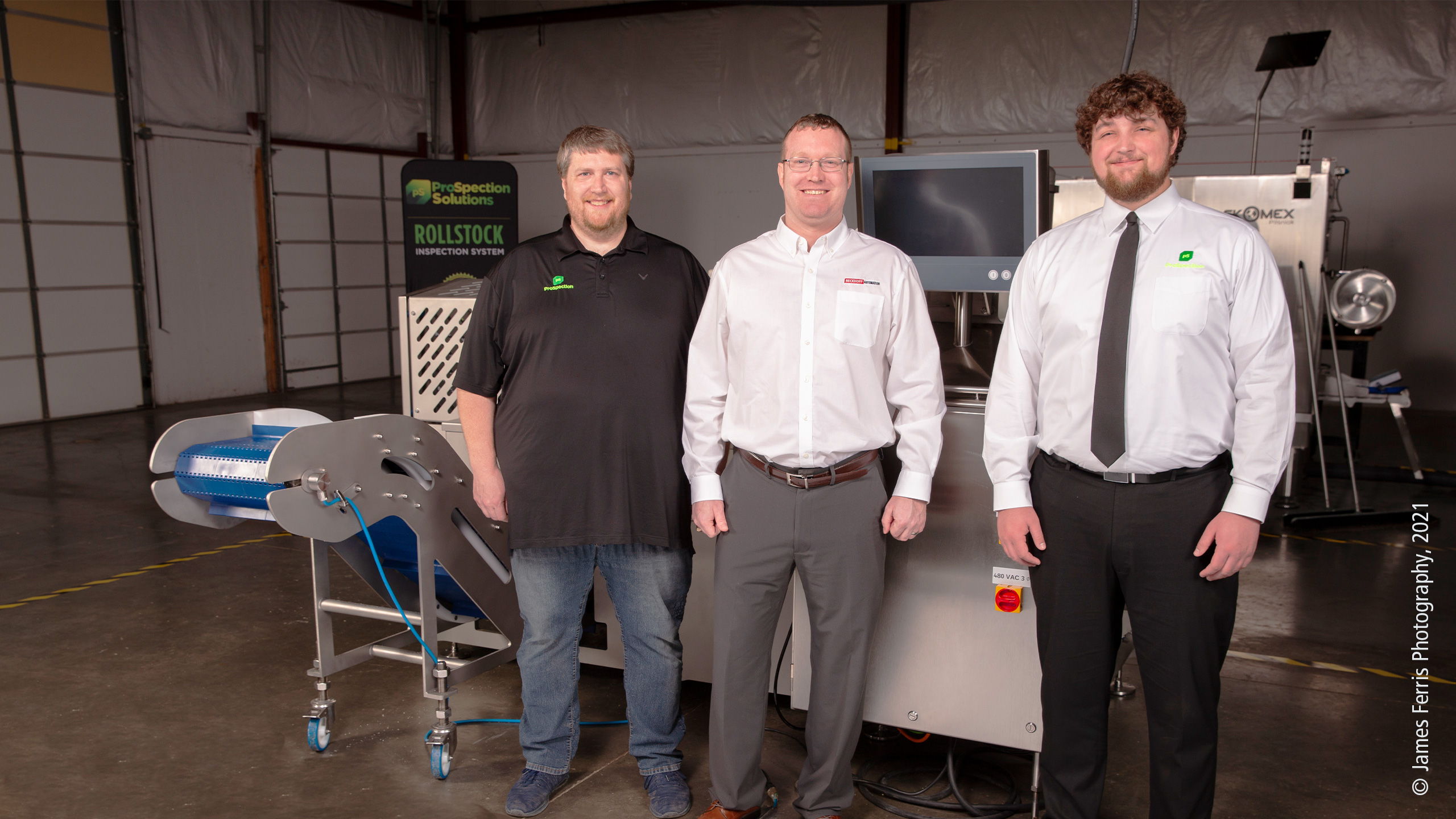 Senior Technician Kenneth Hobbie (left) and Vice President of Technology Kyle Knudsen (right) worked closely with Beckhoff Regional Sales Engineer Brandon Snell (middle) and other Beckhoff team members on the machine’s design and programming.  