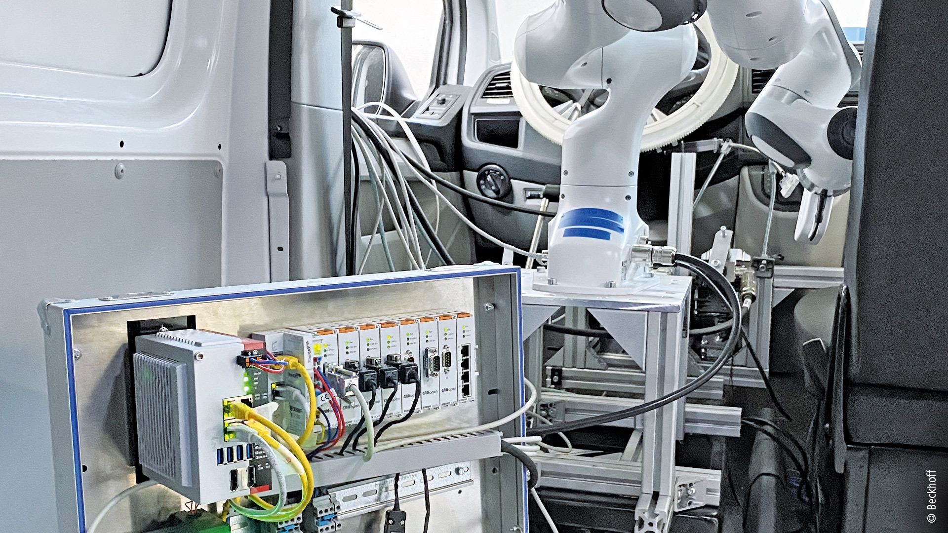 The Beckhoff system (center) – in this case, the C6030 ultra-compact Industrial PC, seven EL6751 EtherCAT Terminals and an EL6614 – forms the central control platform of the test bench and communicates directly with all components.  