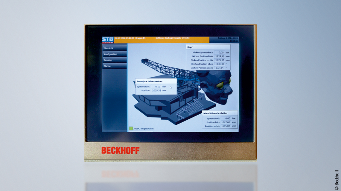 The main cabinet and the panel for controlling the hydraulics are each equipped with a built-in 15-inch CP6602 Panel PC from Beckhoff. 