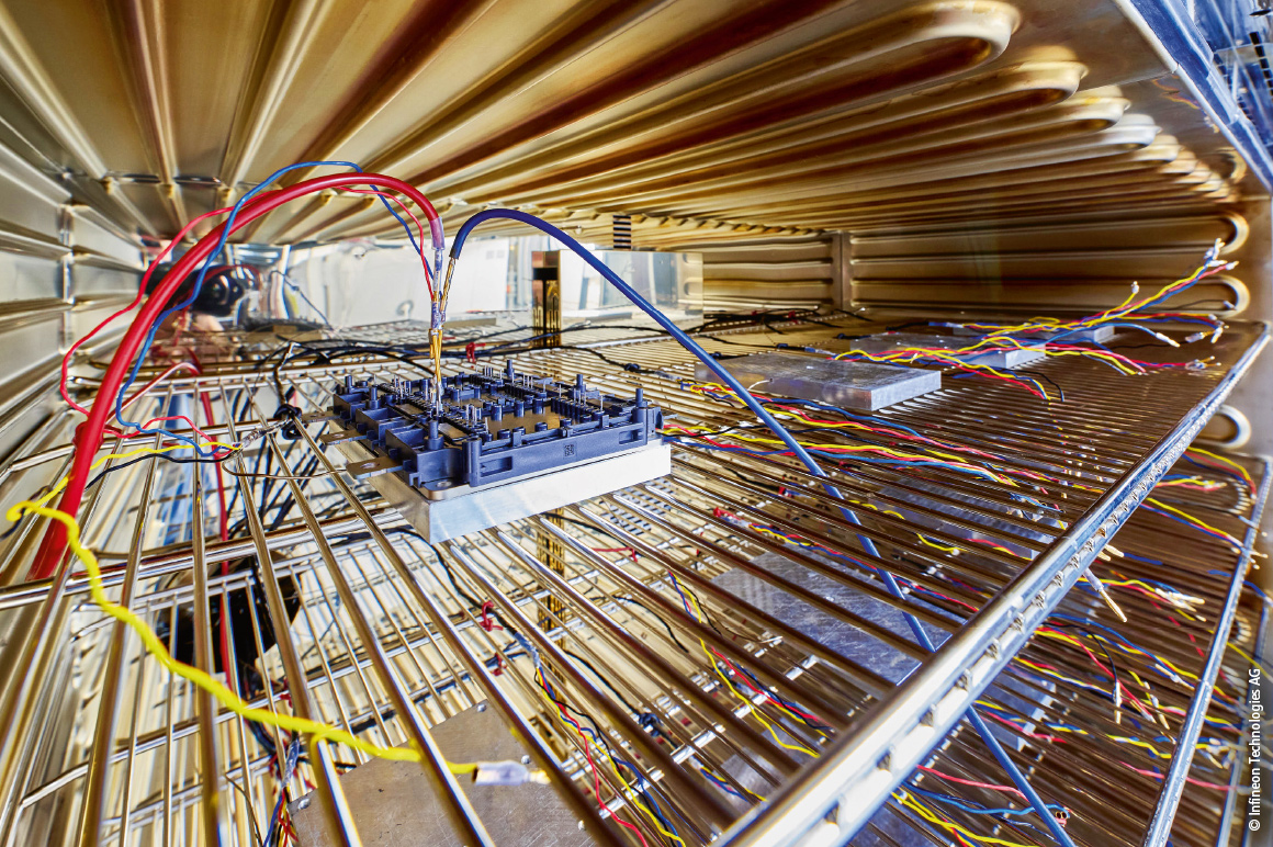 A look inside the furnace: In order to calculate the temperature characteristics of up to 32 power modules, the voltages are measured at different temperatures and a defined measurement current with 24-bit resolution and 0.01% accuracy using ELM3102-0100 EtherCAT Measurement Terminals.