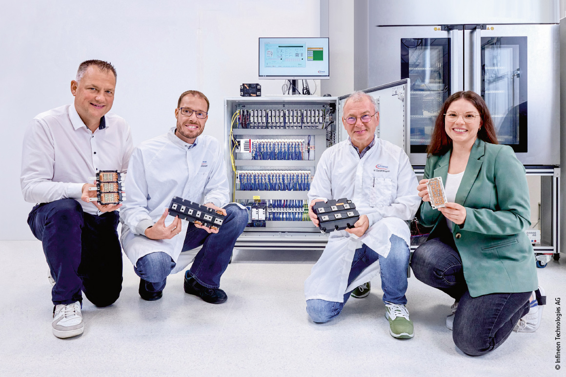 Christian Lindemann, Product Manager I/O at Beckhoff, Dr. Martin Roeckerath, head of the test laboratory for semiconductors, and Martin Seidelmann, test bench technology test engineer (both Infineon) as well as Antonia Kuhn, sales at Beckhoff, in front of the test bench (from left to right)