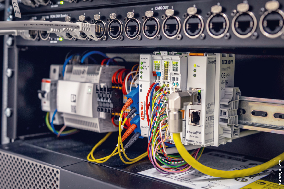 With the EtherCAT Terminals, Aduart is able to configure the required configuration flexibly and precisely, e.g., this sub-center with an EL1809 16-channel digital input terminal, an EL6851 EtherCAT Terminal (DMX master), and an EK1122 2-port EtherCAT junction.
