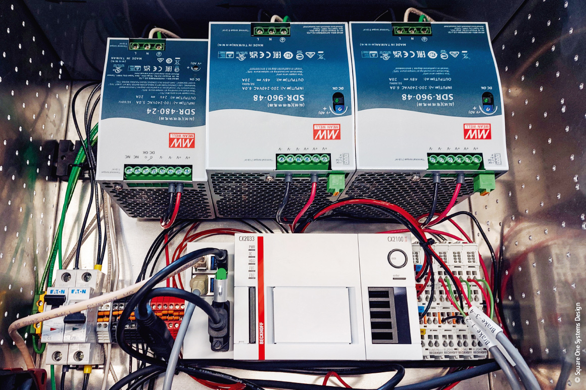 Tri-Sphere relies on Beckhoff CX2033 Embedded PCs, real-time EtherCAT communication, and TwinCAT NC PTP software for motion control.