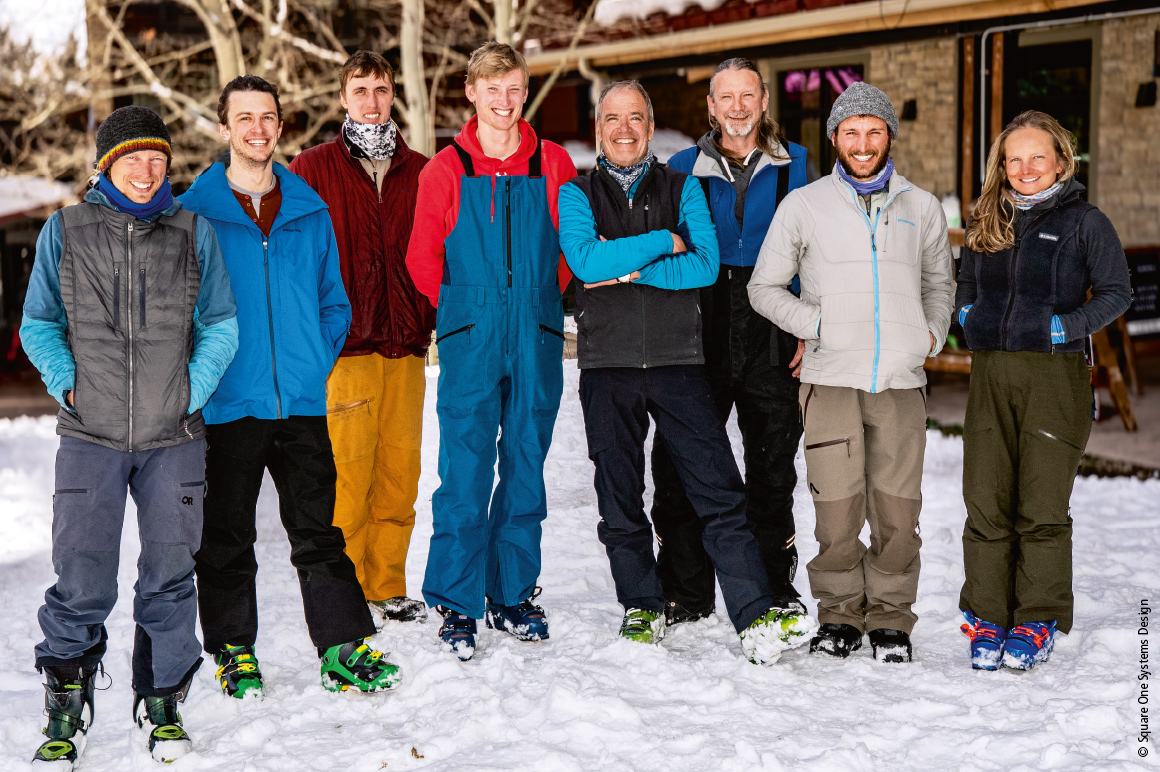 The Square One engineering team during their annual ski day in Wyoming in 2025. Left to Right: Sam Johnson (Mechanical Engineer), Wilton Springer (Mechanical Engineer), Connor McCullough (Electrical Engineer), Erik LaCourt (Controls Engineer) Bob Viola (Director of Engineering), Jace Walsh (Controls Engineering Manager), Ryan Freeman (Mechanical Engineer), Dena Horstkotte (Mechanical Engineer)