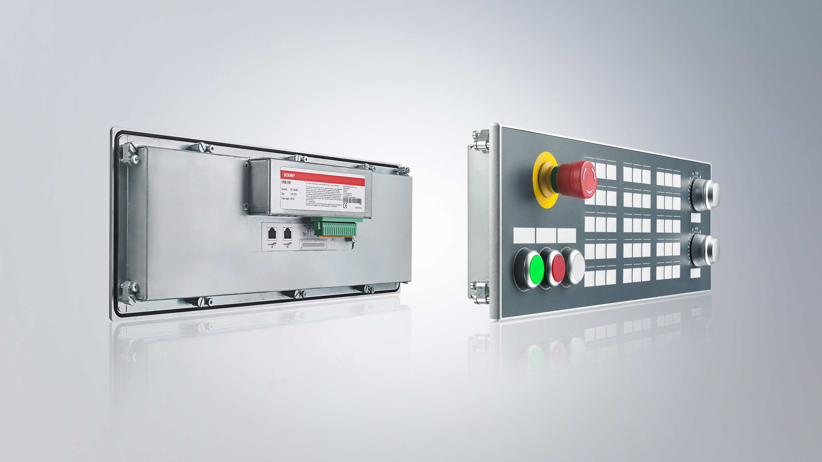 C9900-E909: 51-teiliges Einbau-Tastenmodul mit IP65-Frontdesign, Not-Halt-Taster und spezielles CNC-Funktionsdesign mit EtherCAT-Anschluss 