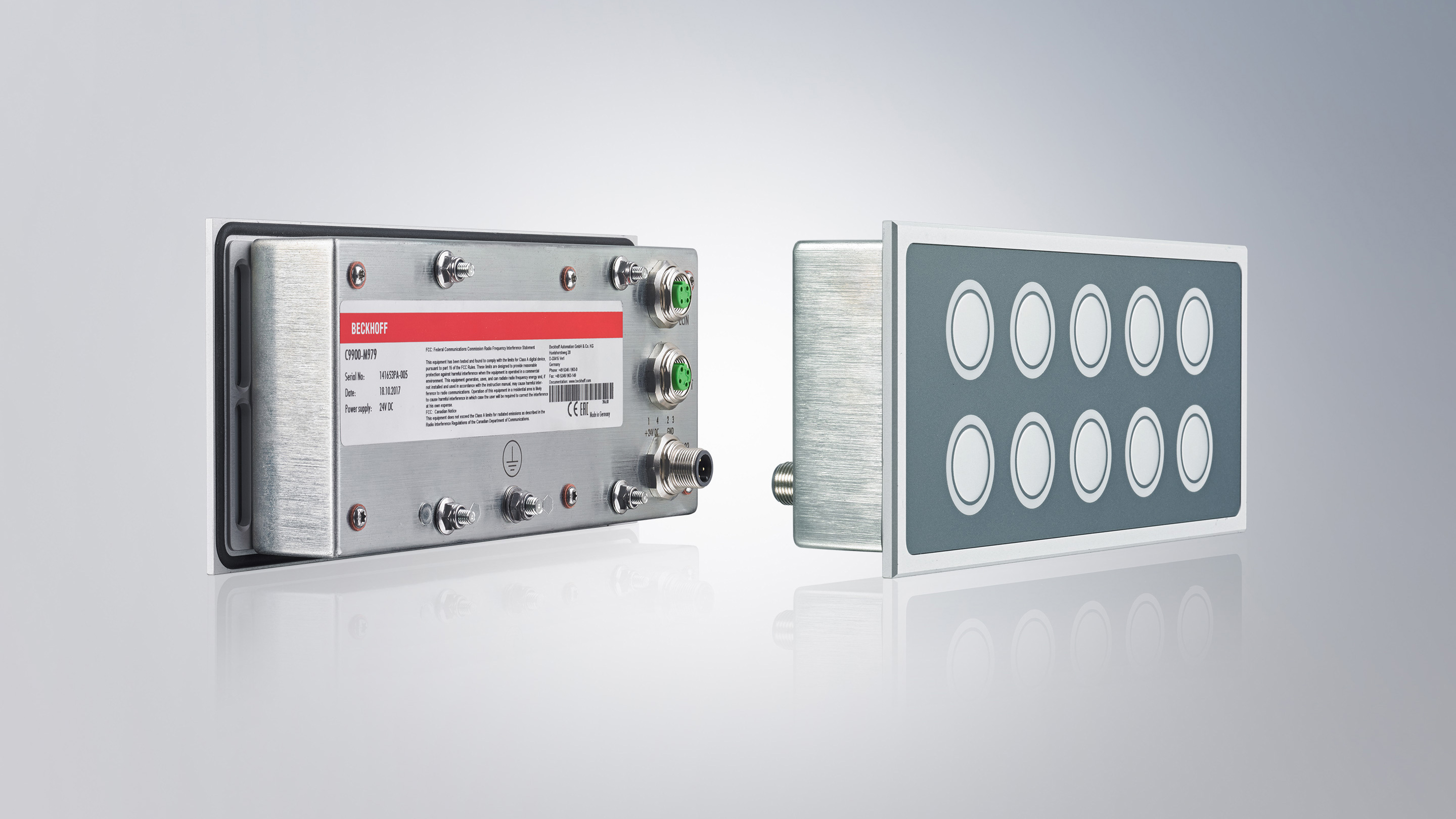 C9900-M995: 10-teiliges Einbau-Tastenmodul im IP54/65-Design, ringausgeleuchtete Kurzhubtasten mit EtherCAT-Anschluss 