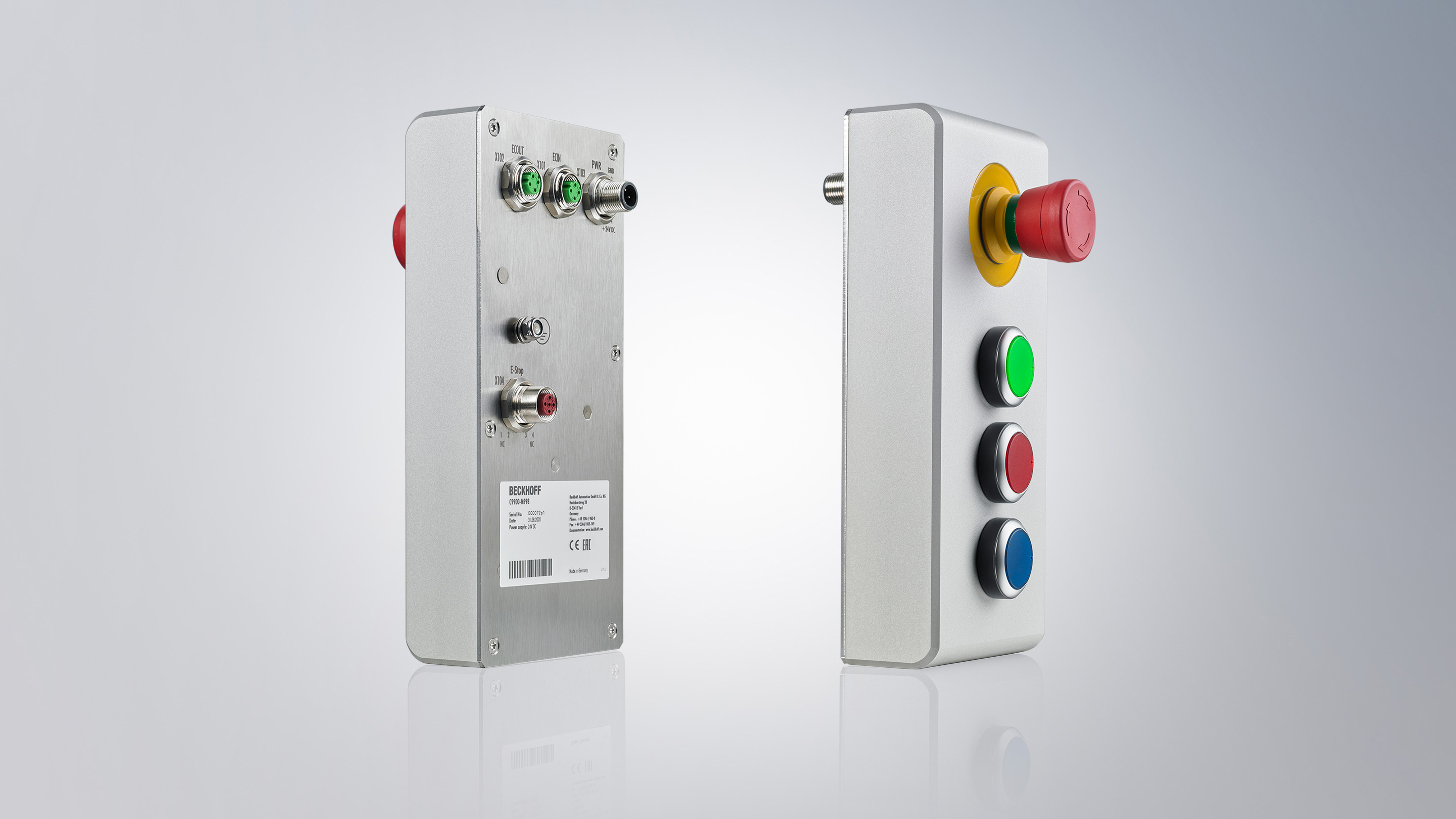 C9900-M998: 4-part add-on push button module in IP65 design, emergency stop button and three illuminated buttons with EtherCAT connection 
