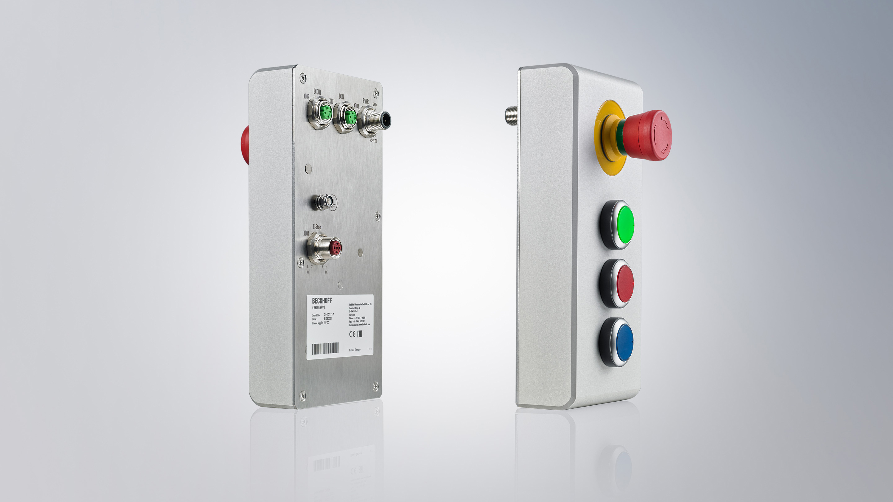 C9900-M998: 4-part add-on push button module in IP65 design, emergency stop button and three illuminated buttons with EtherCAT connection