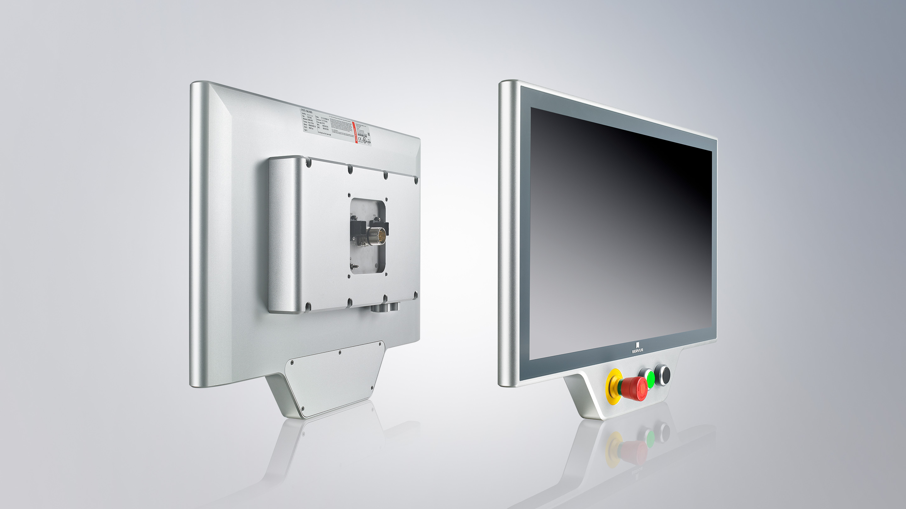 CP3721-1xxx: 21.5-inch Panel PC with customized logo print and compact push-button extension, mounting arm connection via four M6 threads at intervals of 100 x 100 mm 
