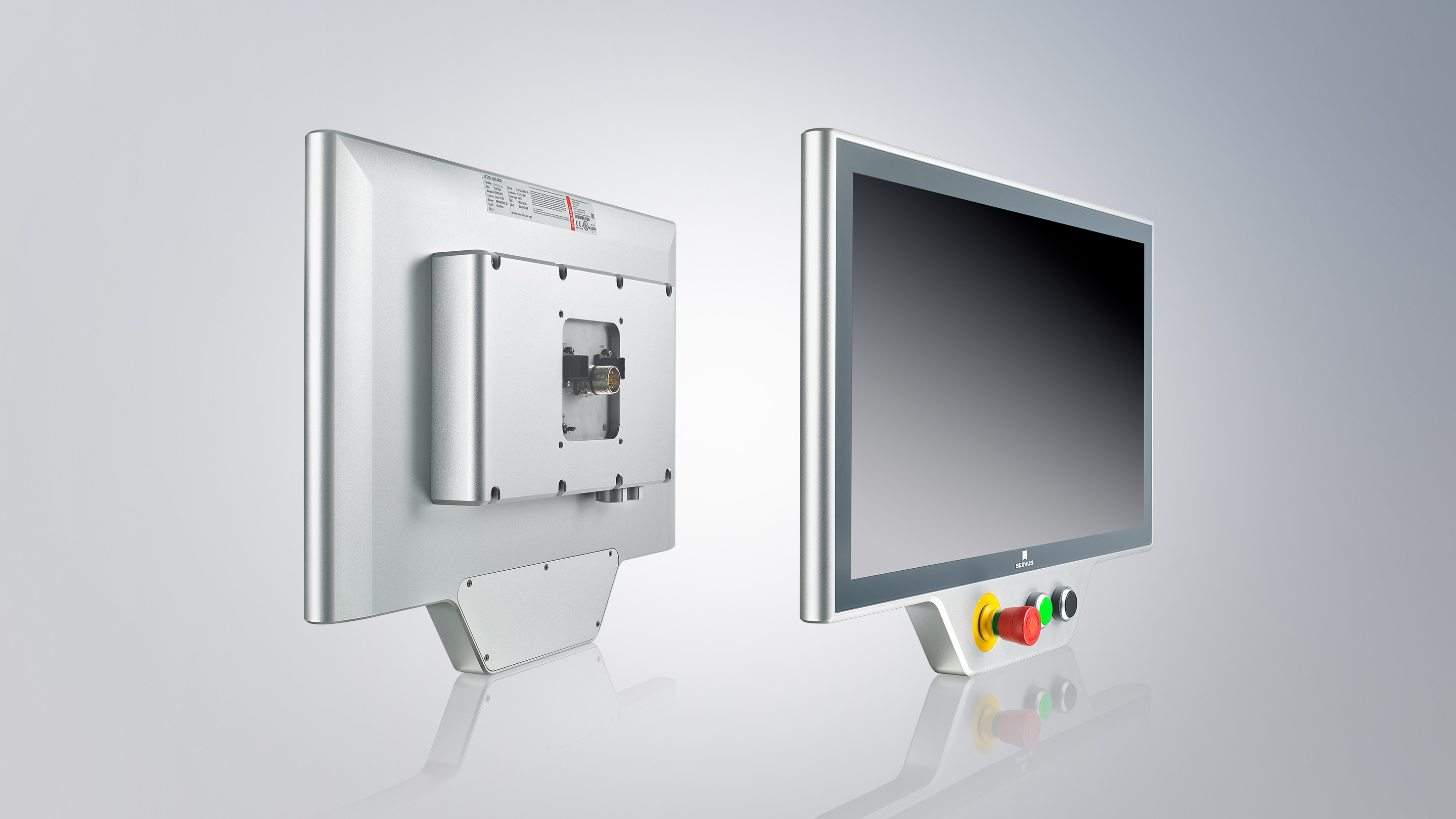 21,5-Zoll-Panel-PC mit kundenspezifischem Logoaufdruck und kompakter Tastererweiterung, Tragarmanschluss über vier M6-Gewinde im Abstand von 100 x 100 mm