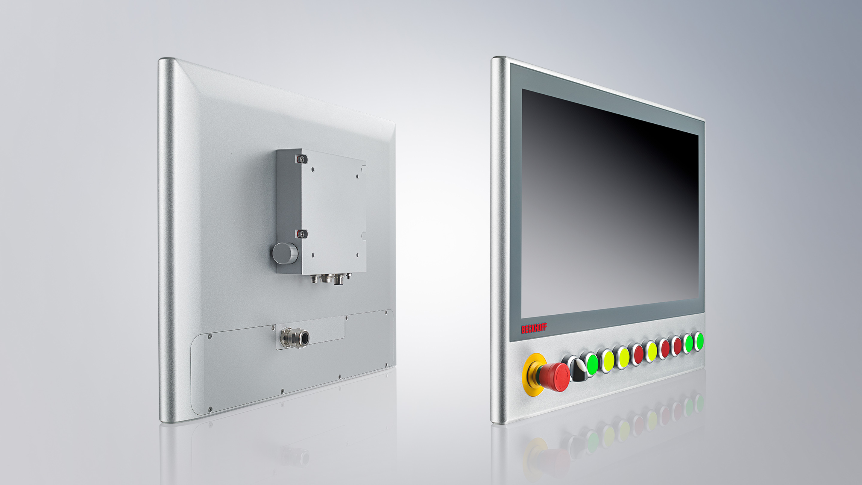 CP3918-1xxx: 18,5-Zoll-Display mit speziell konfigurierter Tastaturerweiterung, freie Wahl der eingesetzten Schaltelemente ab Stückzahl 1 mittels des Panel-Konfigurationstools, Anschluss der Tasten via USB oder Parallelverdrahtung mittels rückseitig integriertem Rundsteckverbinder 