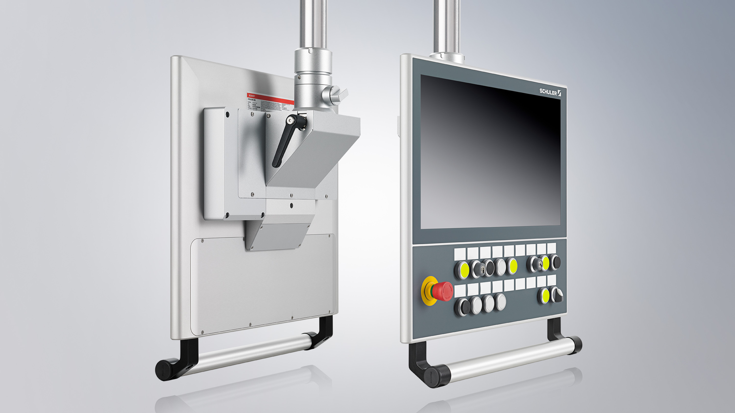 CP3918-1xxx: 18.5-inch display, additional keys can be mounted by the customer, handle for position adjustment, mounting arm connection at the rear with lever for fixing the tilt 