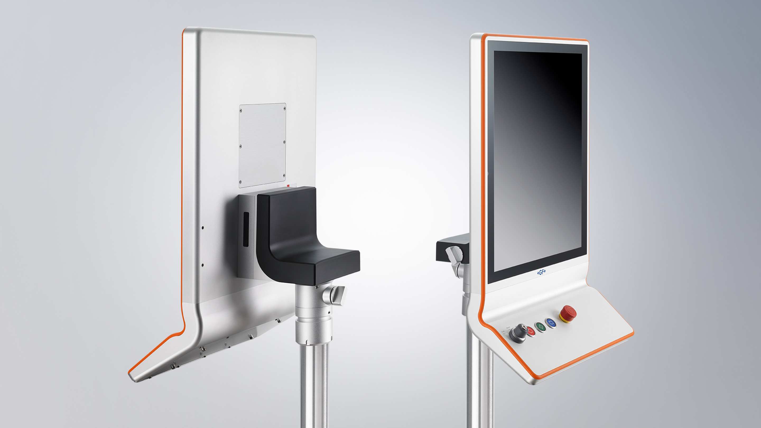 19-Zoll-5:4-Display im Aluminiumgehäuse mit orangefarbenem Keder und ergonomisch geformter Tastererweiterung, angepasst an das Corporate Design