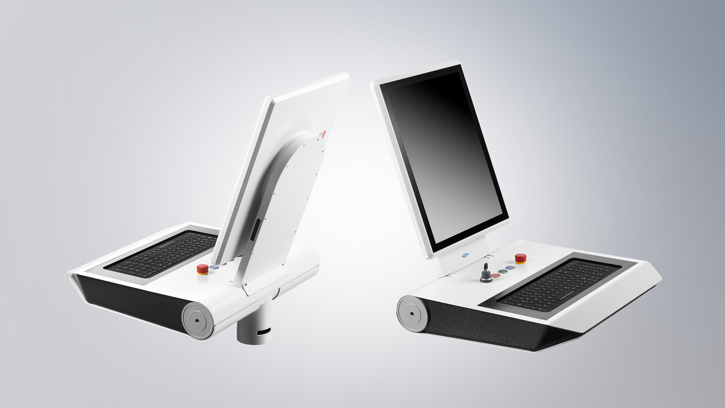 CP3919-1xxx: 19-Zoll-5:4-Display im Portraitformat und mit lackiertem Aluminiumgehäuse, Tastererweiterung und Tastaturmulde im lackiertem Blechgehäuse, kundenspezifischer Tragarmanschluss, dreh- und neigbar 