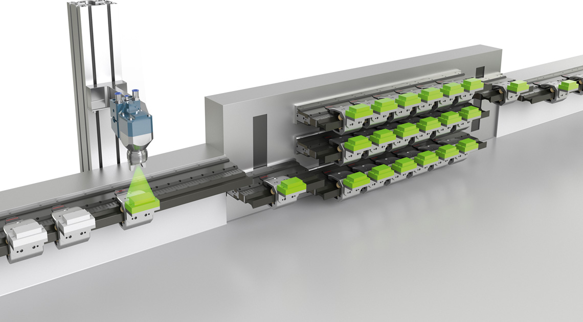 The XTS Track Management offers the ideal basis for realizing a sufficiently large parts store (center of the picture), even with a minimized machine footprint.