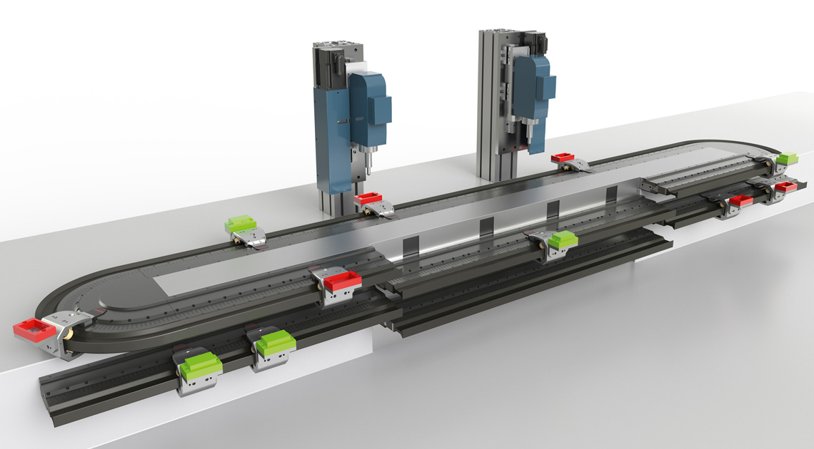 The Track Management enables maximum flexibility of the primary XTS system (above) by inserting and removing individual movers, thus enabling both maintenance and tool changes without the usual downtimes. 